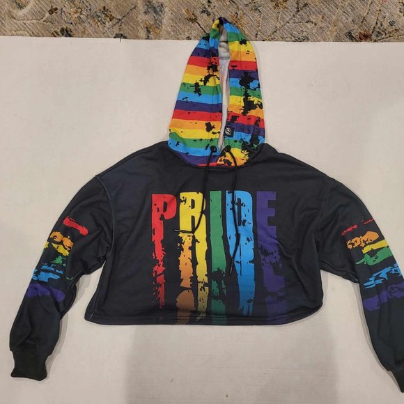 PRIDE Rainbow on Black Hoodie Crop Top Casual Fun Hippie Goth - Picture 1 of 1